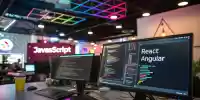 Comparativa visual entre código JavaScript puro y componentes en React y Angular